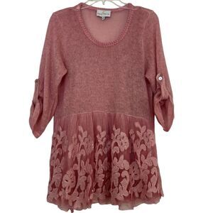 Belle France Boho Tunic Sweater Top Large Pink Sequins Applique Made in Italy